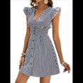 thumbnail image 3 of Vestidos de Verano A Rayas para Mujer, Minivestido Informal con Cuello en V, Mangas Abullonadas, Volantes y Botones. Negro L, 3 of 8
