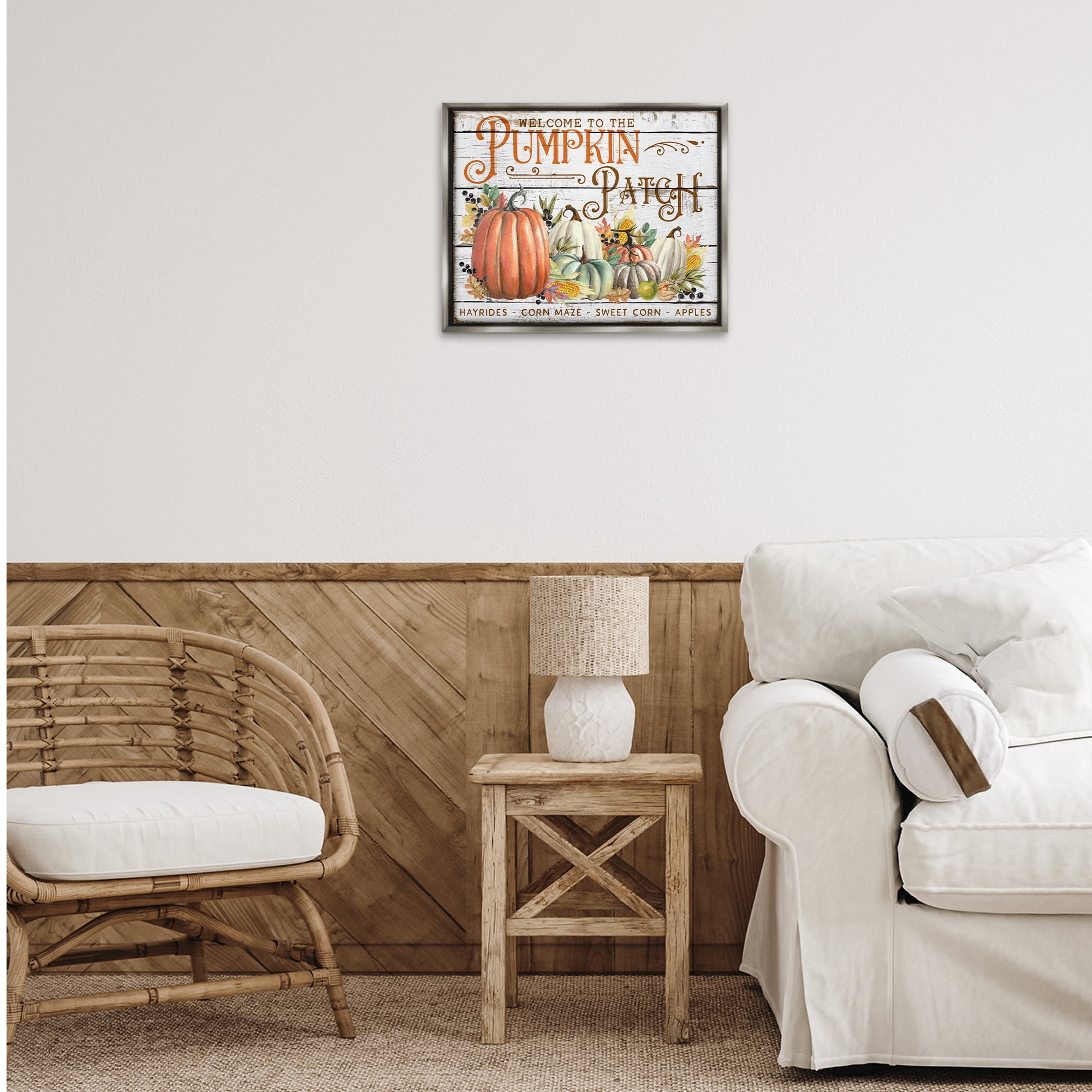 Stupell Industries Welcome Pumpkin Patch Holiday Painting Gray Floater Framed Canvas Art Prints Wall Art, 21 x 17