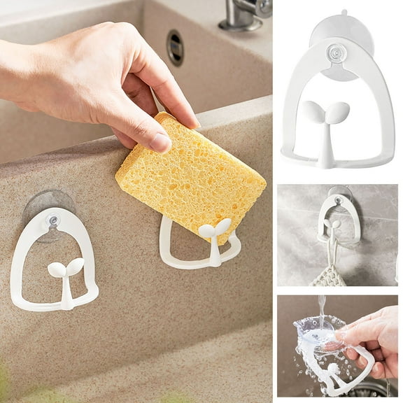 Suction Cup Sponge Holder, No-Drill Kitchen Sink Organizer with Drainage Holes, Plastic Dishwashing Cloth Hook & Scrubber Storage Rack, 8.5x7cm