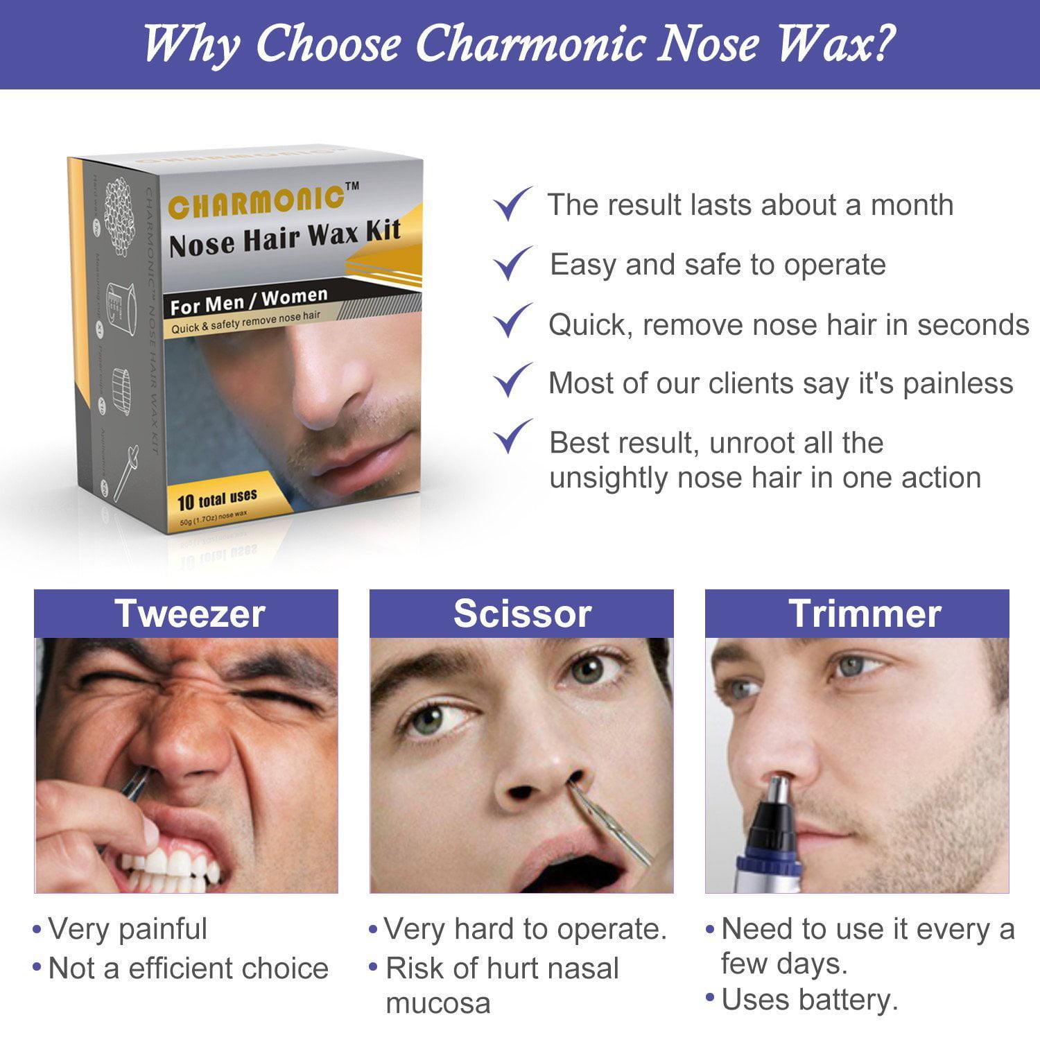 Nose Wax Kit for Men and Women, Nose Hair Removal Wax (50 grams / 10 times  usage count) 