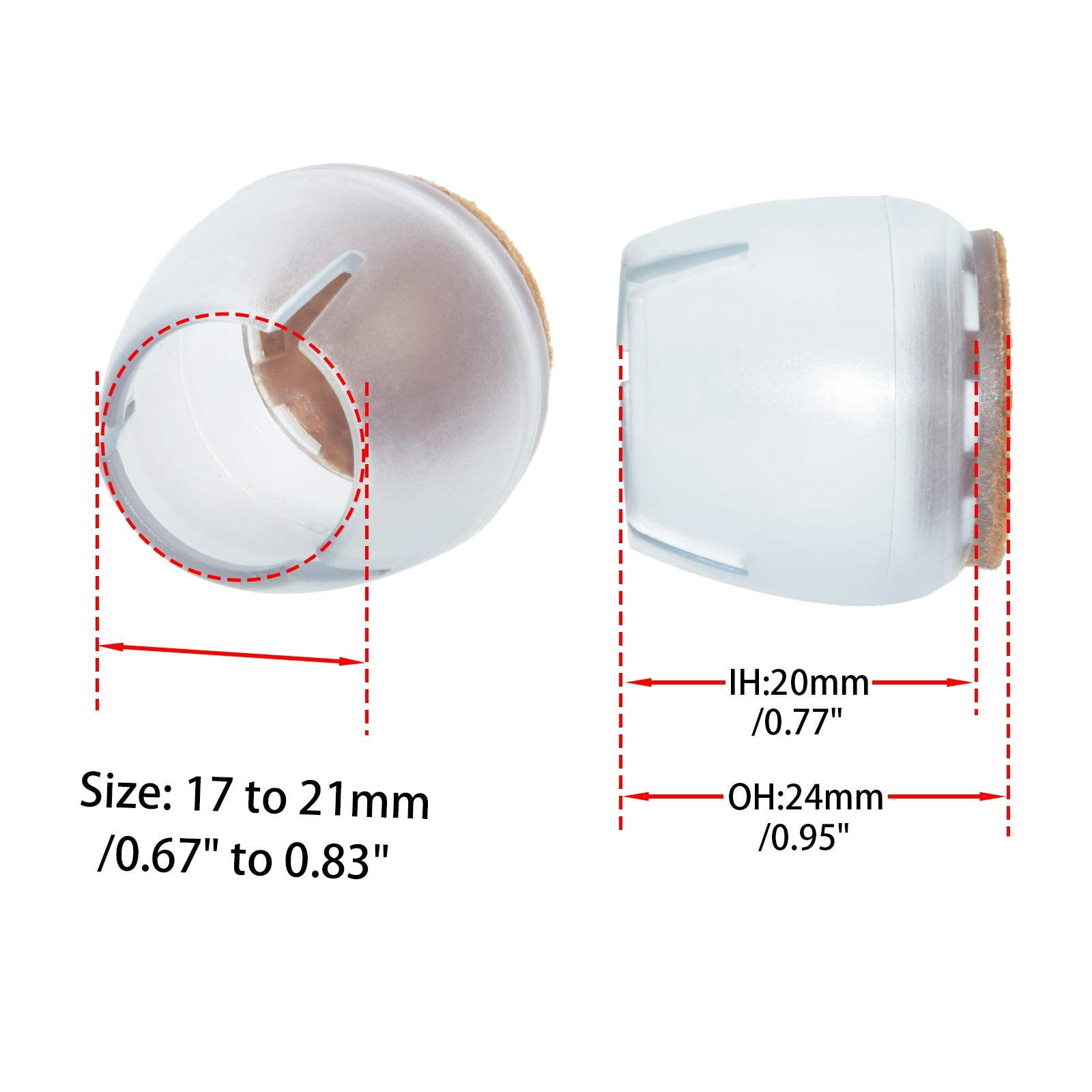 Flyshop 8PCS Round Chair Leg Caps with Felt Pads Durable PVC Protective Feet Cap Prevent Scratches Reduce Noise Felt Furniture Pads, Transparent Floor Protectors, 17 to 21 mm