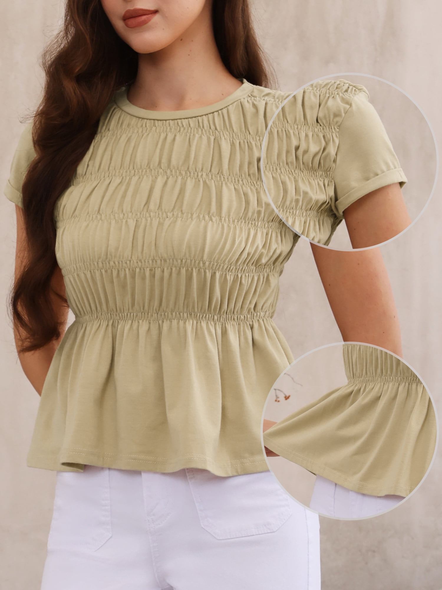DARING DIVA Women's Peplum Babydoll Tops Smocked Ruched Crew Neck Cap Sleeve Tee S Khaki