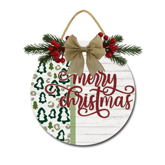Merry Leopard Tree Christmas Sign Front for Door Decoration, 11" Round Wood Wreaths Wall Hanging Outdoor, Farmhouse, Porch, for Spring Summer Fall All Seasons Holiday Christmas