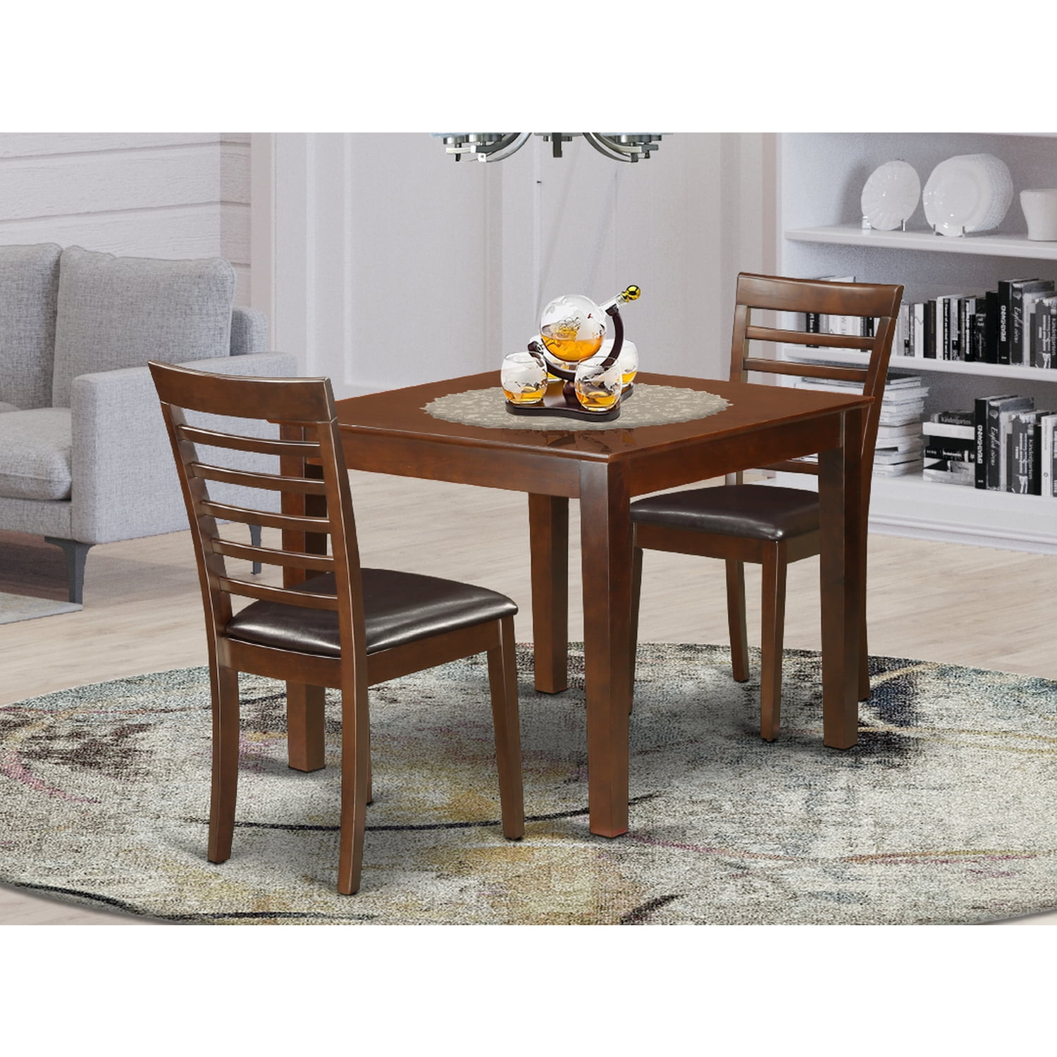 3pc dinette kitchen dining set round table with 2 wood seat chairs in mahogany 