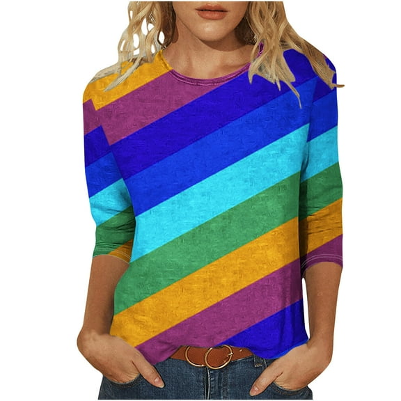 OWMEOT Rainbow Print Tops for Women Trendy 3/4 Length Sleeve Shirts Loose Fit Round Neck Blouses Casual Tees for Holiday