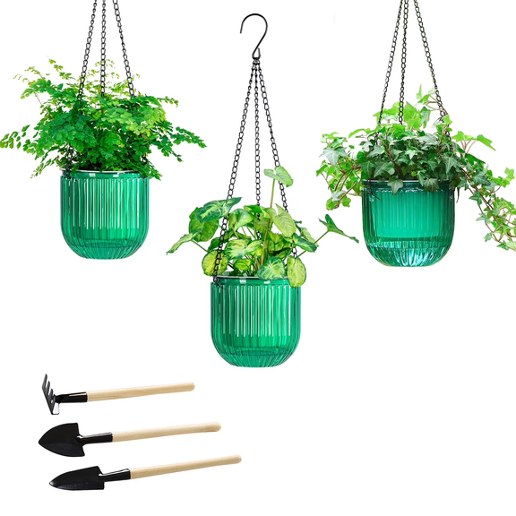 VNEKVA 3-Pack 6.5 Inch Self-Watering Hanging Planters with Hooks & Drainage Holes - Green Indoor/Outdoor Wall/Window Plant Pots for Home Decor