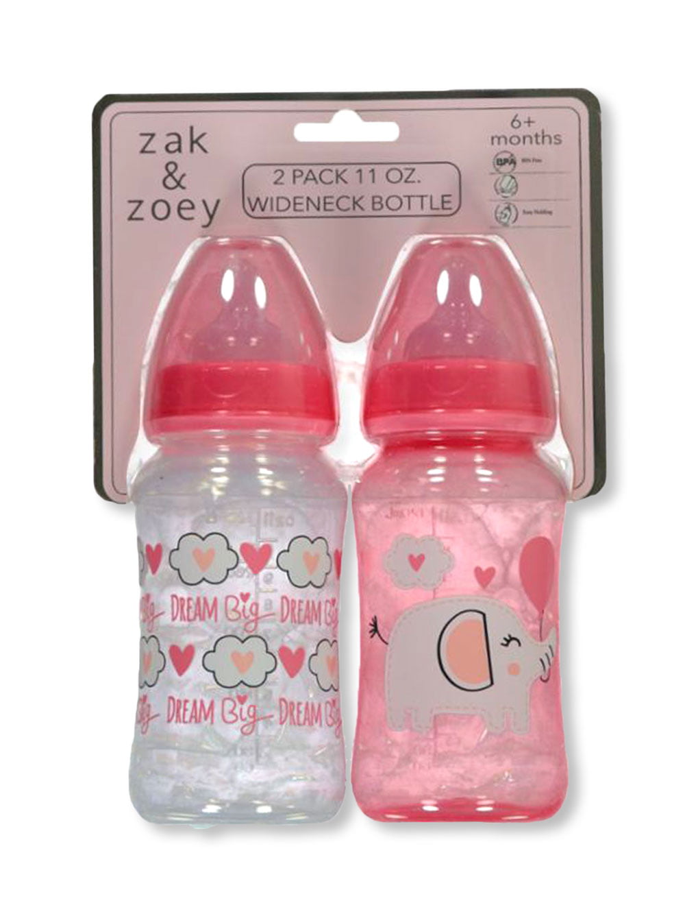 Zak & Zoey Baby Girls' Dreamer 2-Pack Wideneck 11 Oz. Bottle -  fuchsia/multi, one size