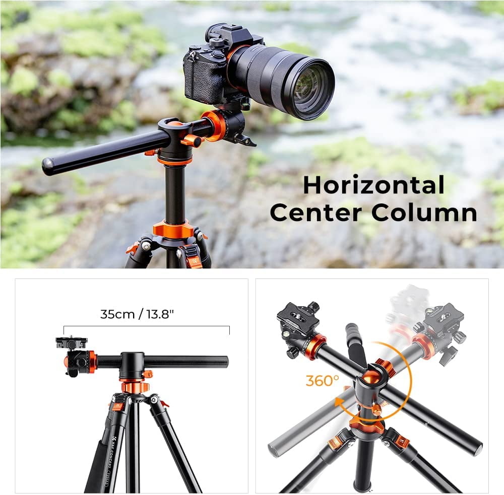 K&F CONCEPT 73 inch /186cm Camera Tripod,Transverse Center Column Aluminium DSLR Tripod with 360 Degree Ball Head 10kg Load Capacity,Quick Release Plate,Detachable Monopod T255A3+BH-28L