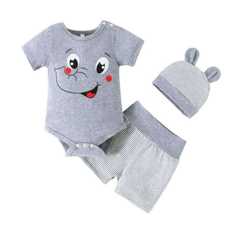 

Baby Girls Outfit Sets Short Sleeve Cartoon Elephant Prints Romper Bodysuit And Striped Shorts Hat Outfit Sets 3 Piece 3-6 Months