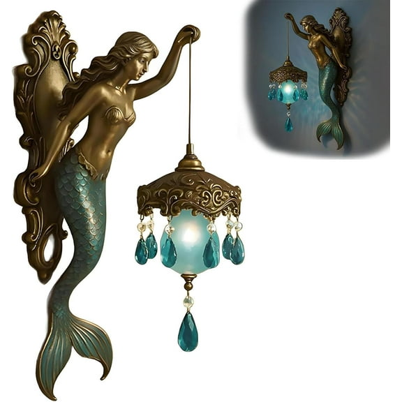 Mermaid Wall Lamp, 8 Inch Vintage Design Night Light, Ocean-Themed Mermaid Wall-Mounted Crystal Chandelier, Hotel Bedroom Bathroom Restaurant Decorative Wall Lamp