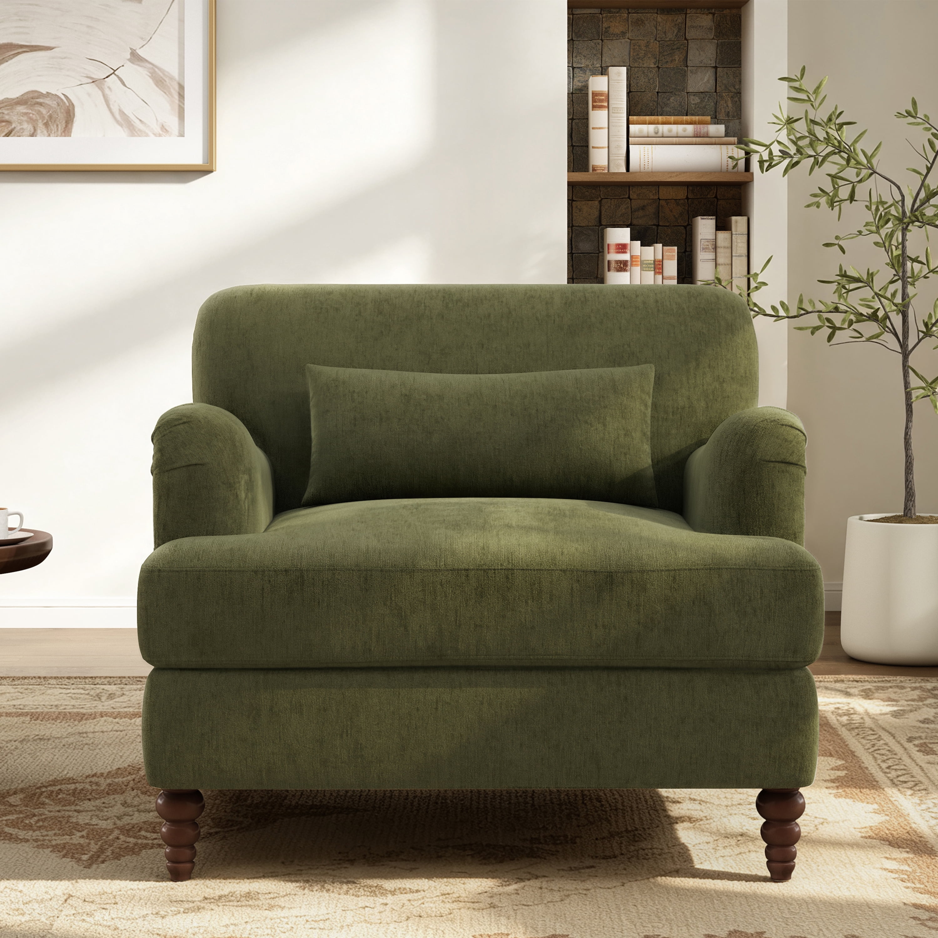 GARITIN Oversized Accent Chair 40.5 Inch, Modern Upholstered Armchair with Lumbar Pillow and Turned Wood Legs for Living Room, Green