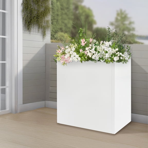 Tall Metal Planter Box for Outdoor/Indoor Use, 24*10*24 Inches Large Rectangular Flowerpot With Practical Tool, Free Standing for Office and Gardens (White)