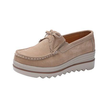 hopeusnice Clearance Women s Suede Loafers Slip On Wedge Platform Shoes Comfortable Breathable Bowknot Tassel Flatform Walking Shoes Beige 36
