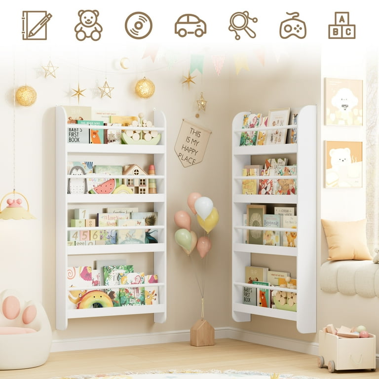 Homfa 4-Tier Wall Bookshelf Set of 2, Wall-Mounted Kids