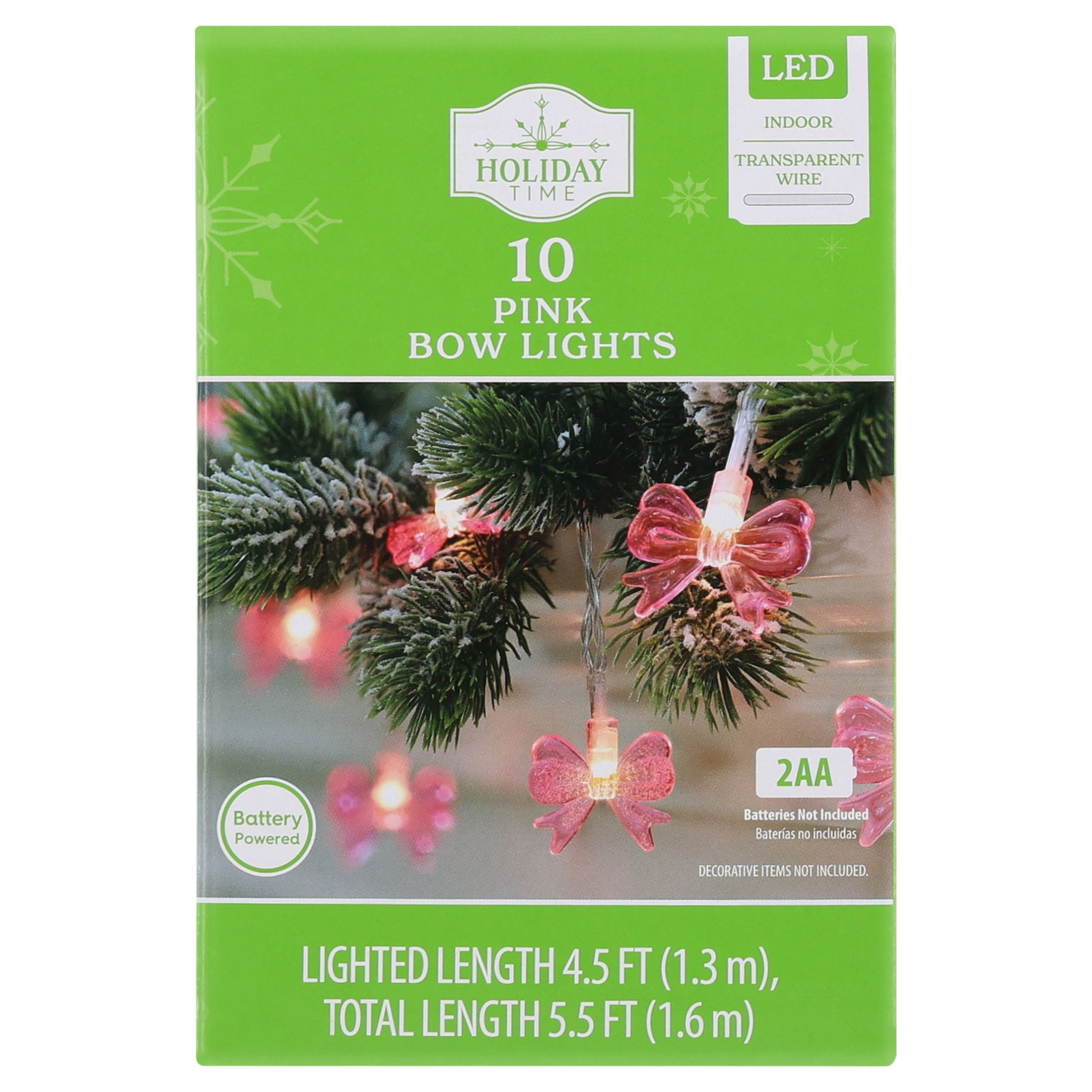 Indoor 10-Count Battery-Operated LED Bow Christmas String Lights, Pink, Transparent Wire, 4.5', by Holiday Time