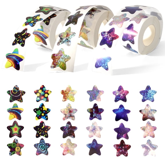 1500 Pcs Space Star Stickers for Reward, 1inch Colorful Glitter Star Sticky Labels, for Behavior Record Chart, Planner, Scrapbooks, Teacher Classroom Supplies (3 Rolls)
