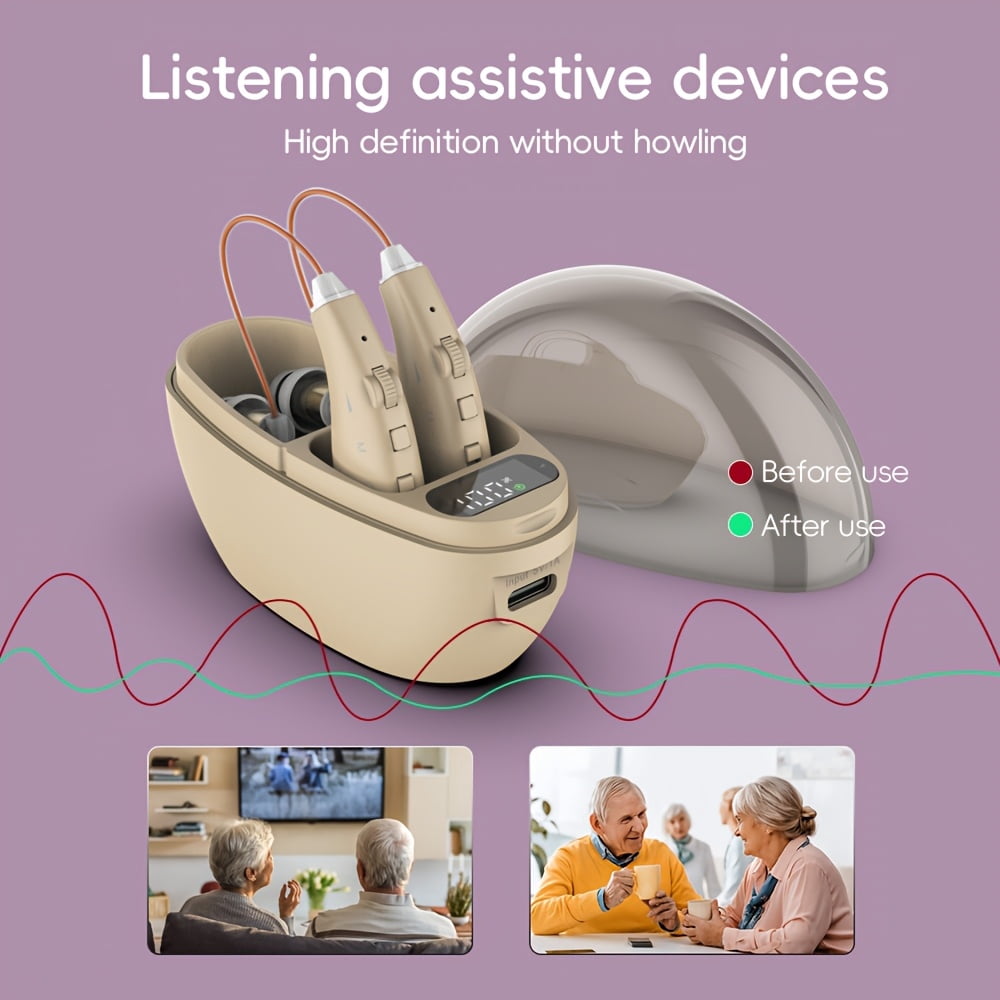 Rechargeable Hearing Amplifiers, Active Noise Cancelling In-Ear Headphones with Volume Control, Type-C Charging, Plastic Material, Lithium Polymer Battery (golden)