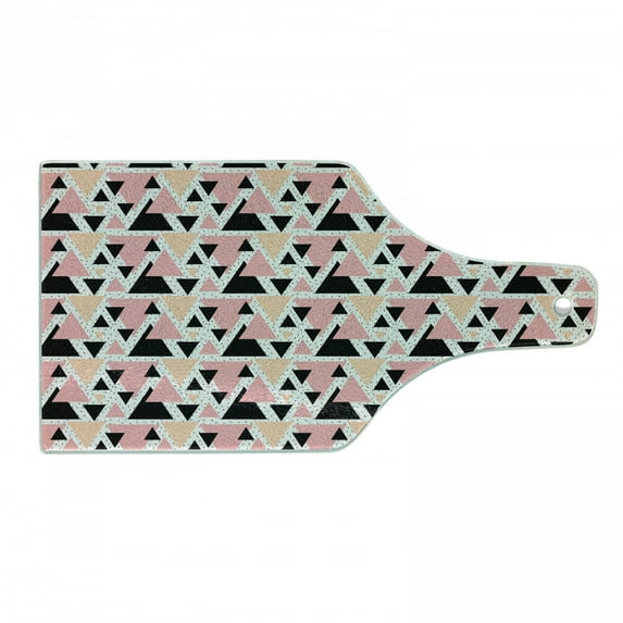 Geometric Cutting Board, Modern Composition with Different Colored Triangles Doodle Shapes, Decorative Tempered Glass Cutting and Serving Board, Wine Bottle Shape, Peach Coral Black, by Ambesonne