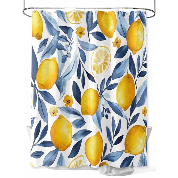 Fsddascl Yellow Lemon Shower Curtain Set - 36" x 78" Washable Bathtub Curtain with 12 Hooks, Blue Flower Leaves Spring Summer Plant Waterproof Fabric Stall Shower Curtains for Bathroom/Bathtub