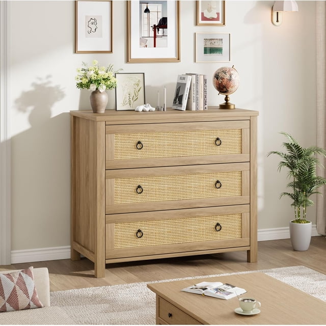 29In Tall 3-Drawer Rattan Dresser Storage Chest for Bedroom Hallway Living Room - Clothes Organizer