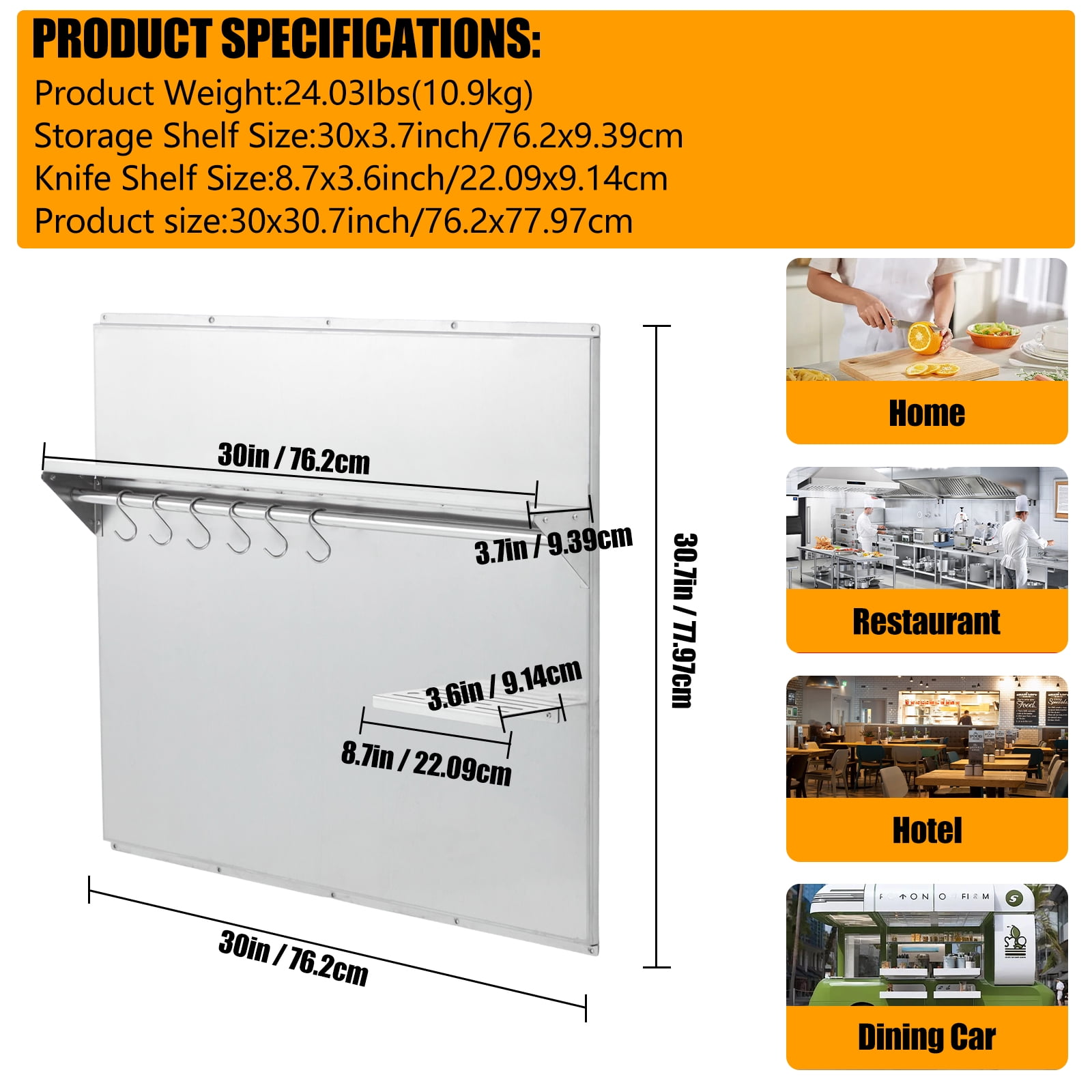 Accreate Stainless Steel Range Backsplash for Stove Hood - Wall Mount Kitchen Back Panel, Commercial Backsplash Shield with Storage Shelf & Knife Rack, Pre-Drilled Holes for Easy Installation