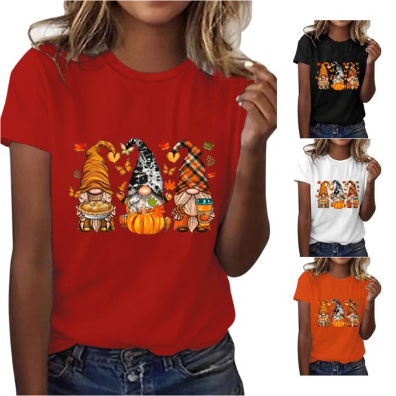 Halloween Shirts for Women T-Shirts Womens Fashion For Casual Tops Short Sleeve Round Neck Tee T Shirt Pumpkin Print Loose Top Red S