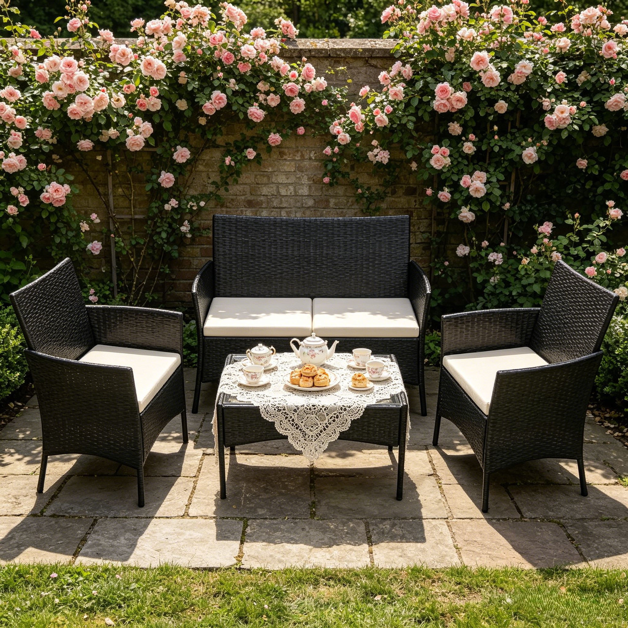 Ktaxon 4Pcs Rattan Wicker Conversation Set with Tempered Glass Table, Outdoor Patio Wicker Furniture Sofa Set for Garden, Poolside, Deck, Lawn, Black