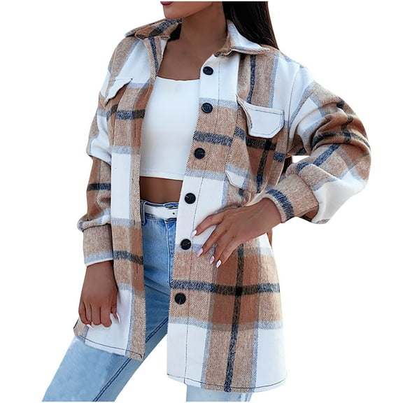 Women Coats and Jackets Clearance Women Plaid Lapel Woolen Button Up Pocketed Long Sleeve Shirt Coat Jacket Outwear