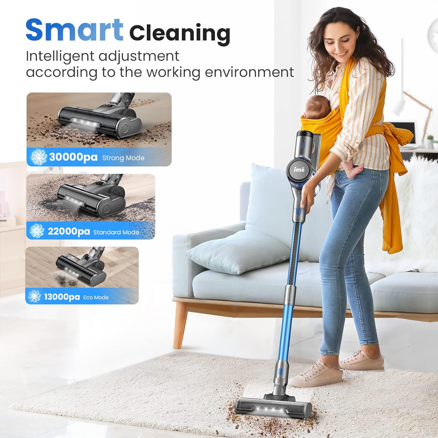 INSE Cordless Vacuum Cleaner, 400W Stick Vacuum with 30Kpa Powerful ...