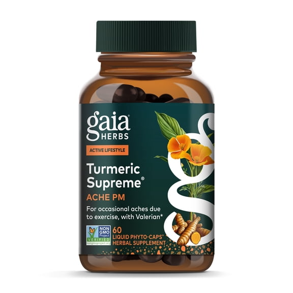 Gaia Herbs Turmeric Supreme Pain P.M., Turmeric Curcumin Supplement, Promotes Relaxing Sleep and Healthy Pain Response, Kava and Valerian, Vegan Liquid Capsules, 60 Count