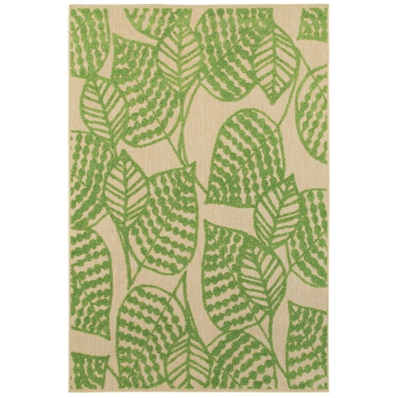 Oriental Weavers Cayman Indoor/Outdoor Rug - 566F9 - 7'10" x 10'10" - in Sand/ Green - Tropical Style, Multi-Level Pile, Water, Stain and Fade Resistant, Hose Clean, Patio, Outdoor Living Rug