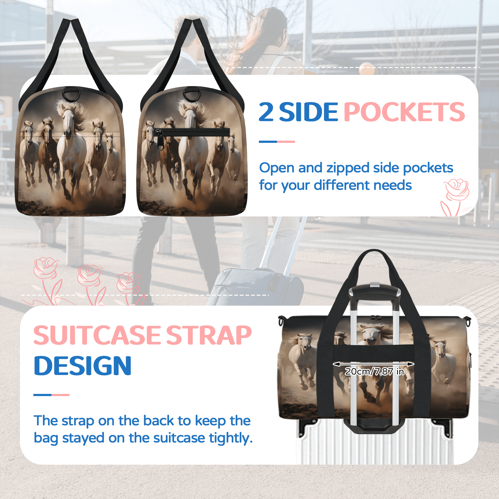Herdesigns Running Horse Gym Bag for Women, Duffle Bag for Travel Sport, Lightweight Waterproof Carry on Weekender Overnight Dance Yoga Workout Bags