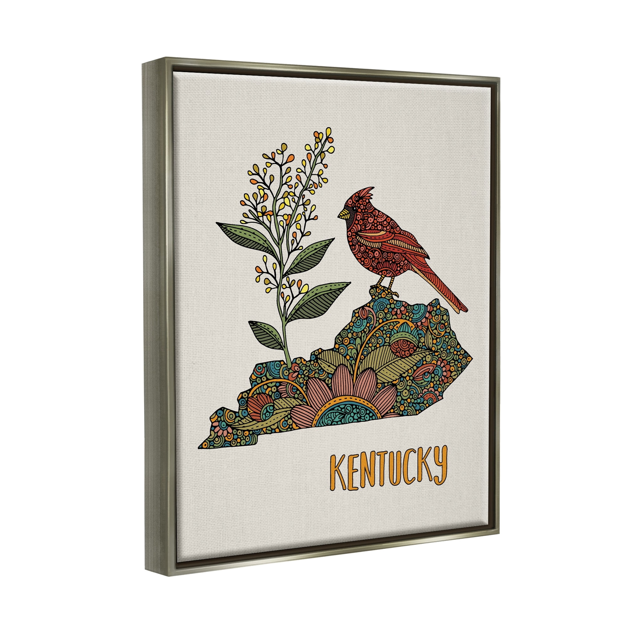 Stupell Industries Kentucky State Cardinal Blooming Goldenrod Flower Pattern Graphic Art Luster Gray Floating Framed Canvas Print Wall Art, Design by Valentina Harper