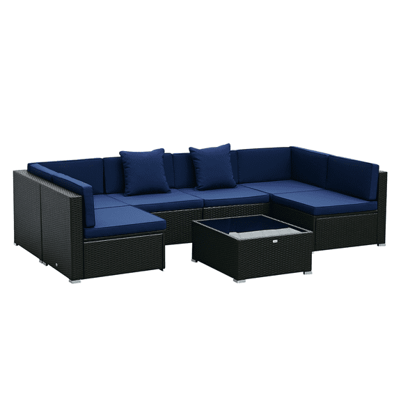 7-Piece Rattan Patio Furniture Set, Outdoor Sectional Sofa with Cushions & Coffee Table - Dark Coffee/Blue