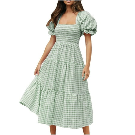 

Fesfesfes Summer Dress for Women Square Neck Plaided Print Long Dress Casual Pleaded Corset Ruffle Splicing Dress Loose Lantern Short Sleeve Long Dress