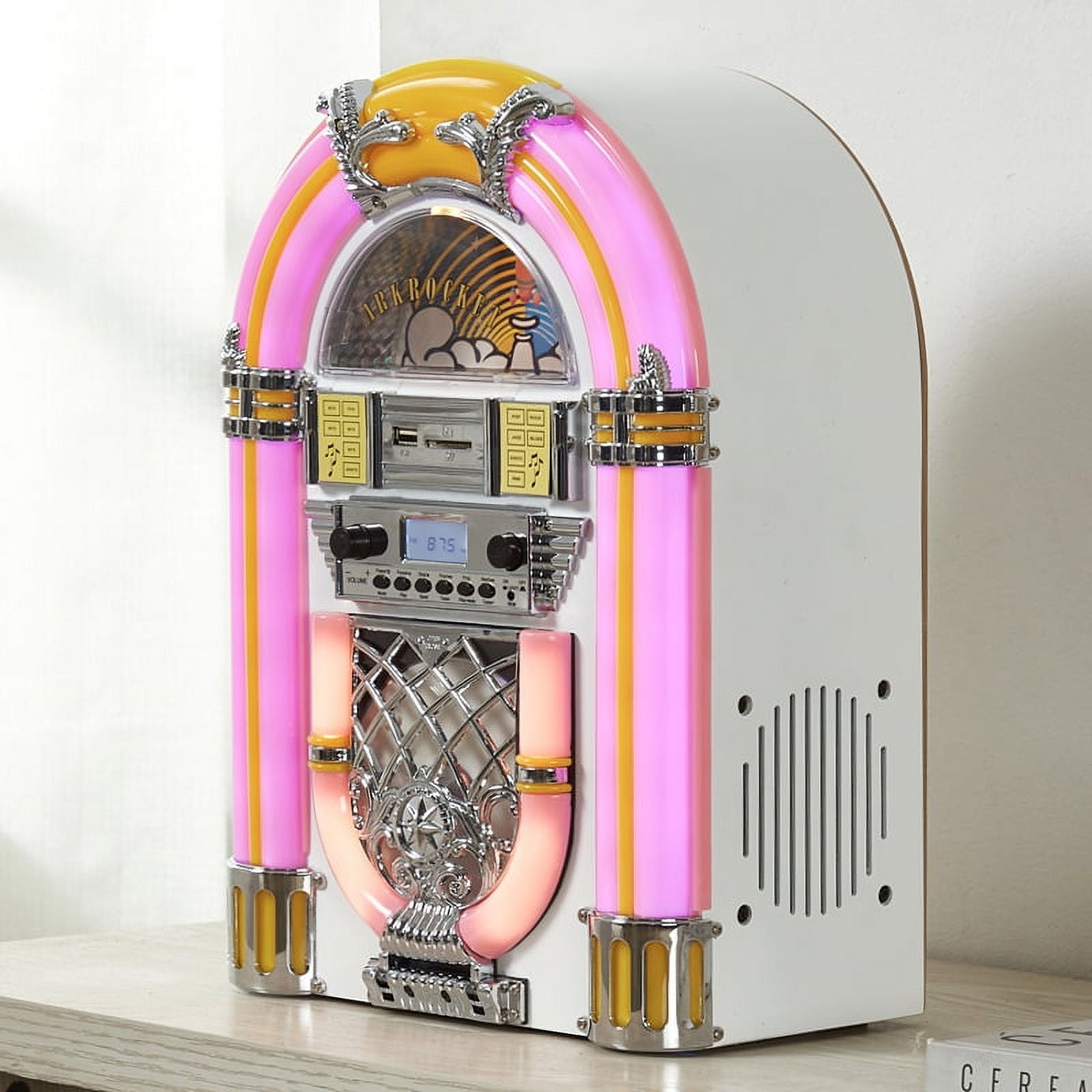 Arkrocket Athena Mini Jukebox/Tabletop CD Player/Bluetooth Speaker/Radio/USB and SD Card Player with Retro LED Lighting System (Pink White)