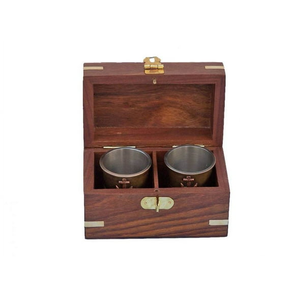 Handcrafted Decor Antique Brass Anchor Shot Glasses with Rosewood Box- 4 in. - Set of 2