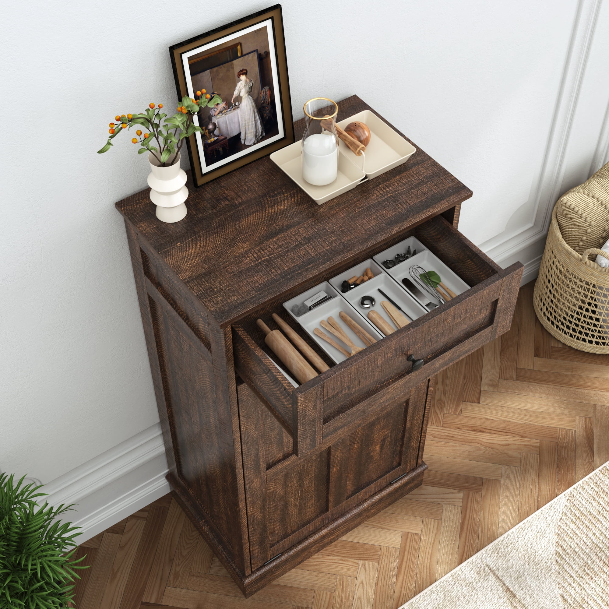 Blotout 13 Gallon Tilt Out Trash Cabinet, Hidden Wooden Trash Can with Drawer, Pet Proof Freestanding Kitchen Recycling Cabinet for Kitchen, Kitchen, Living Room