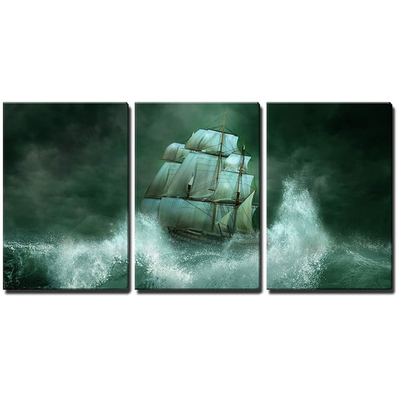 Wall26 3 Piece Canvas Wall Art - Ghost Ship in The Sea - Modern Home Art Stretched and Framed Ready to Hang