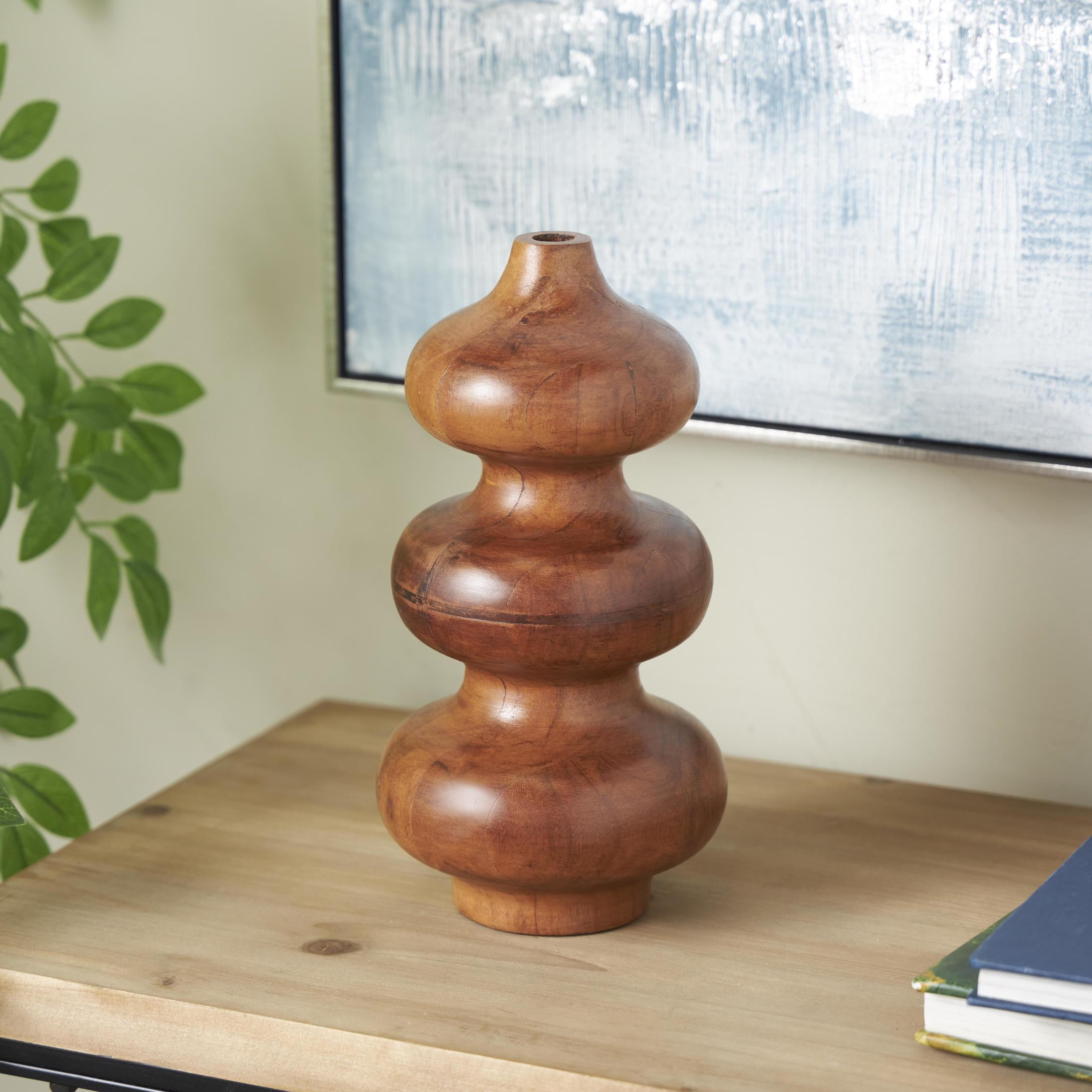 DecMode 11" Geometric Bubble Brown Wood Vase with Natural Wood Grains