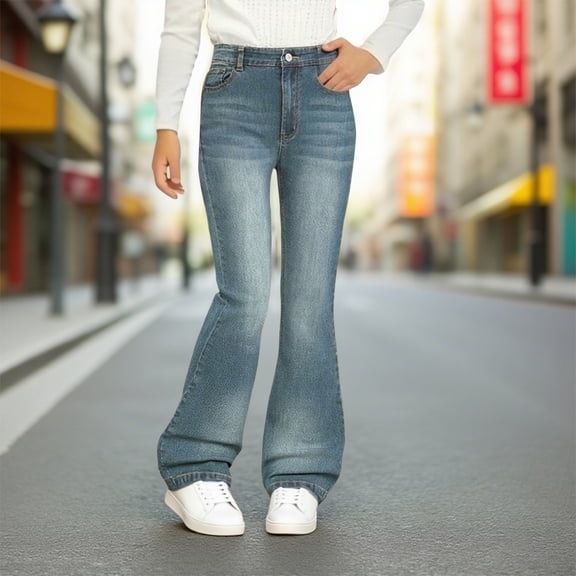 XQYLOS Girls Flared Bell Bottom Jeans High Waist Skinny Wide Leg Washed Denim Pants Stretch Retro 70s Vintage Style