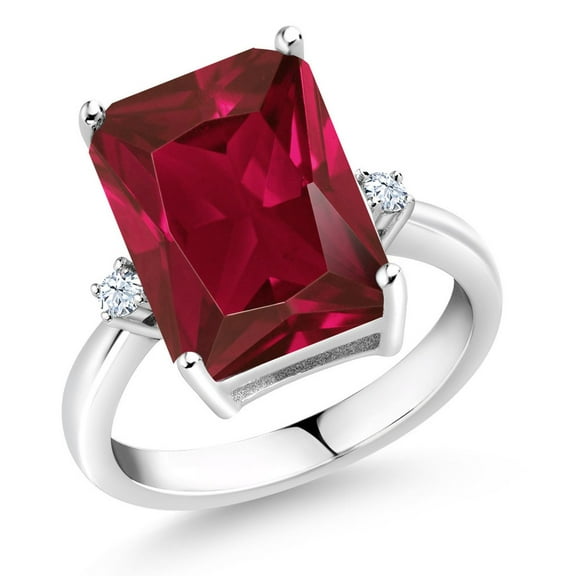 Gem Stone King 5.06 Cttw Red Created Ruby Ring for Women | 925 Sterling Silver | Emerald Cut 14X10MM | Gemstone July Birthstone | Wedding Engagement Anniversary Promise Ring for Women | Size 5