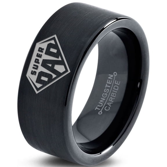 Tungsten Superhero Super Dad Emblem Symbol Band Ring 9mm Men Women Comfort Fit Black Flat Cut Brushed Polished