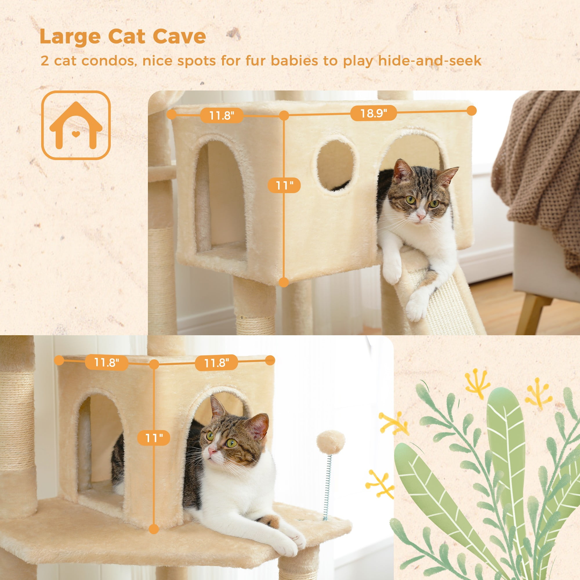 Kadyn 64" Multi-Level Cat Tree Tower for Large with Hammock, Plush Cat Condos for Indoor Cats, Beige