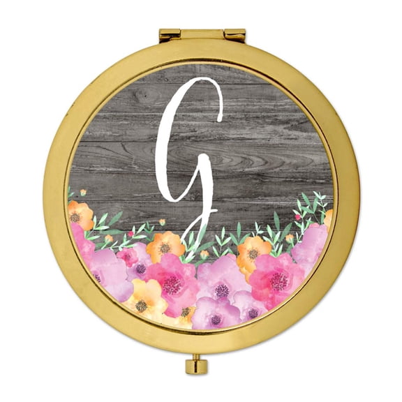 Koyal Wholesale Gold Compact Mirror Bridesmaid's Wedding Gift, Pink Floral Flowers on Rustic Gray Wood, Monogram G, 1-Pk
