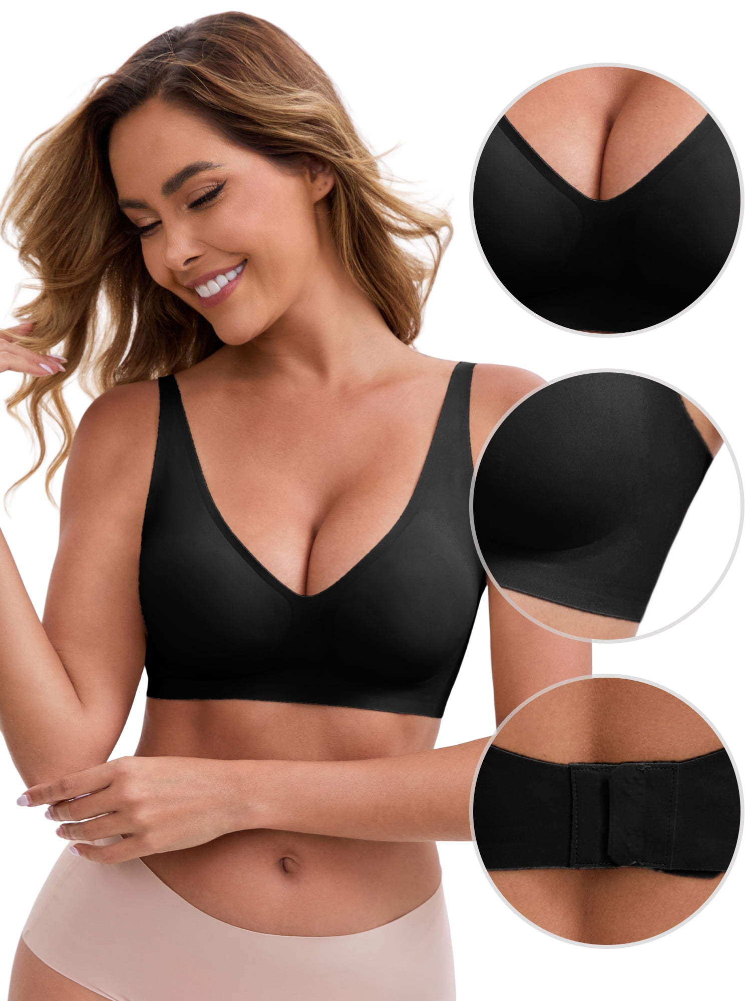 DARING DIVA Women's Deep V-Neck Wireless Adjustable Spaghetti Straps Bra M Black