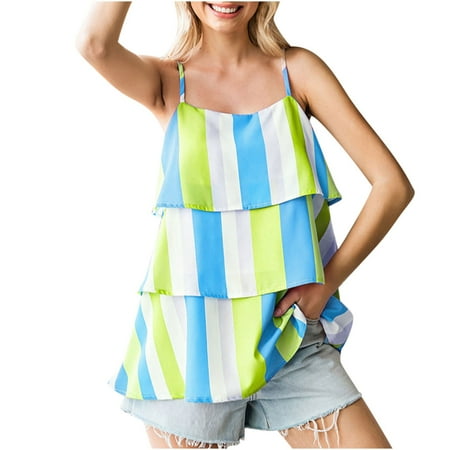 

Dianli Cami Tops Fashion Cold Shoulder Sling Spaghetti Layer Flowy Loose Fit Holiday Beach Party Cute Halter Color Patchwork Summer Tops 1/4 Sleeve T-shirts Yellow S