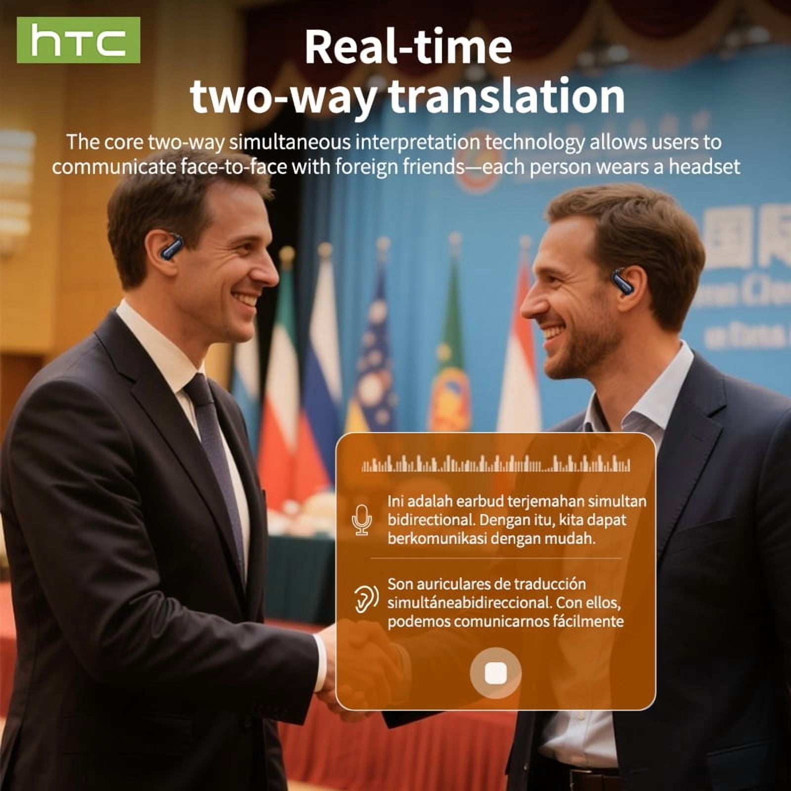 HTC NE38 Bluetooth 6.0 Open-Ear Earbuds, AI Translator, Noise-Cancelling, 130+ Languages, 40H Playtime, IPX5 Waterproof, Green+Earbud Case