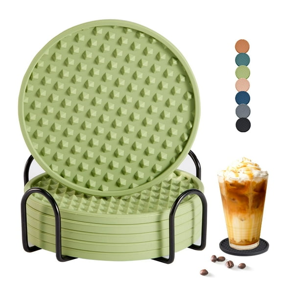 YMMIND Drink Coasters Set of 6 with Holder, Silicone Coasters Tabletop Protection for Any Table Type, Wood, Stone Tables, Dishwasher Safe, Coasters for Drinks Fits Any Size of Drinking Glasses Green