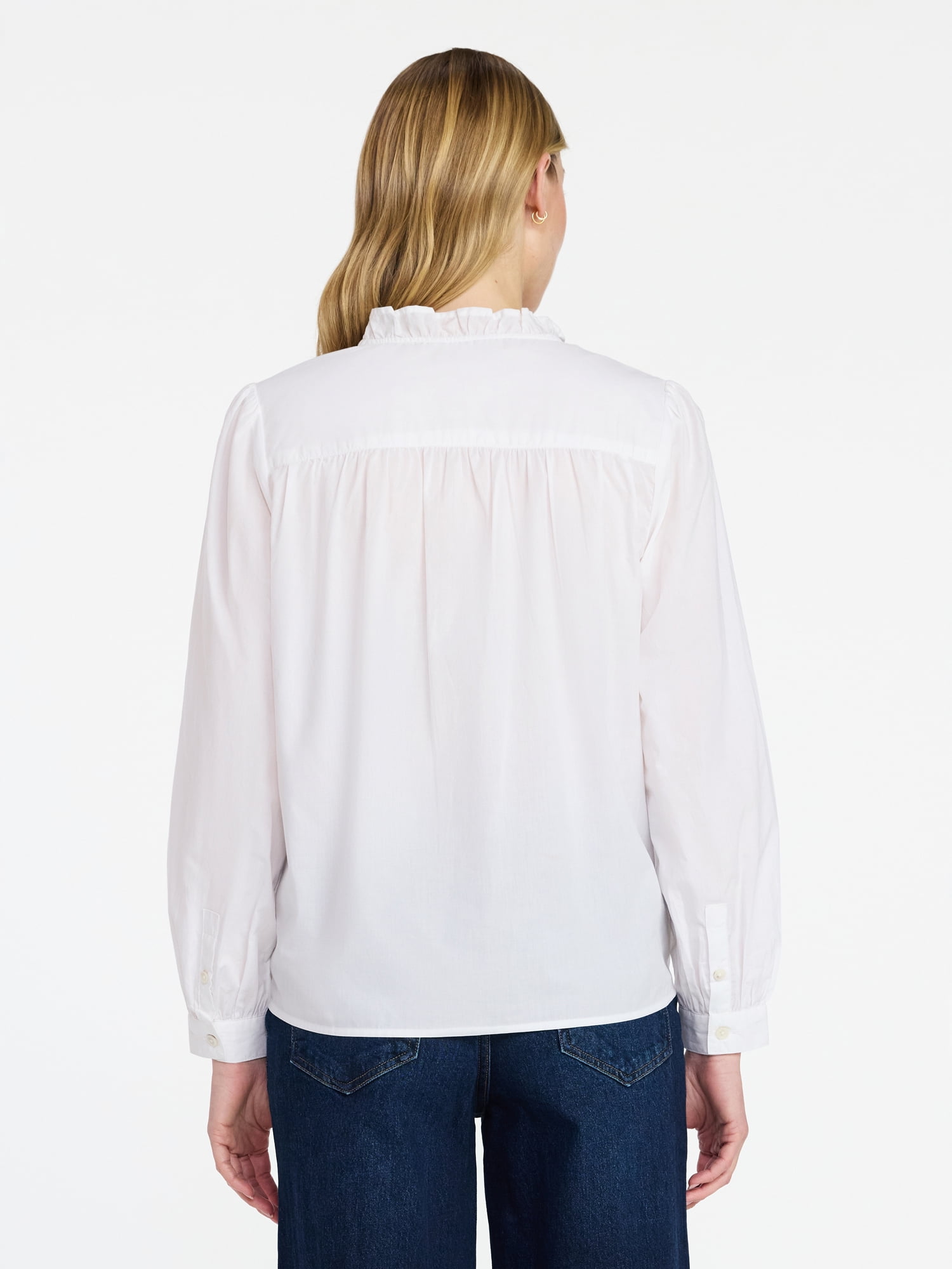 Time and Tru Women's Long Sleeve Ruffle Neck Button Down Top, Sizes XS-XXXL